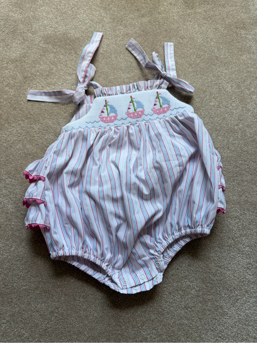 Striped Smocked Sailboat Baby Bubble Romper in White and Pink